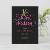 Sweet 16 Black Hot Pink Gold Glitter Birthday Kaart (Staand voorkant)
