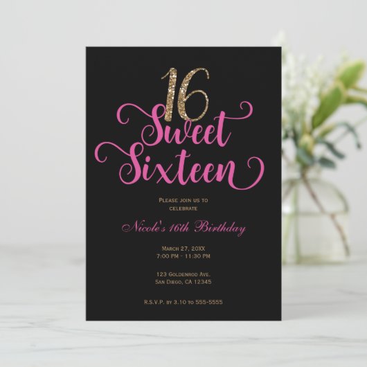 Sweet 16 Black Hot Pink Gold Glitter Birthday Kaart (Staand voorkant)