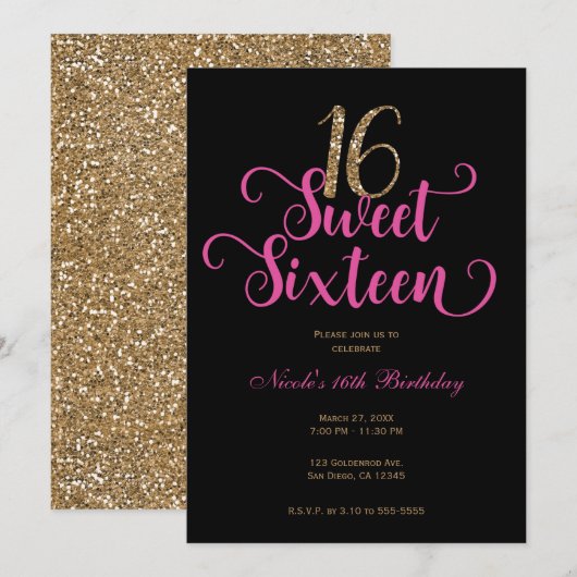 Sweet 16 Black Hot Pink Gold Glitter Birthday Kaart (Voorkant / Achterkant)
