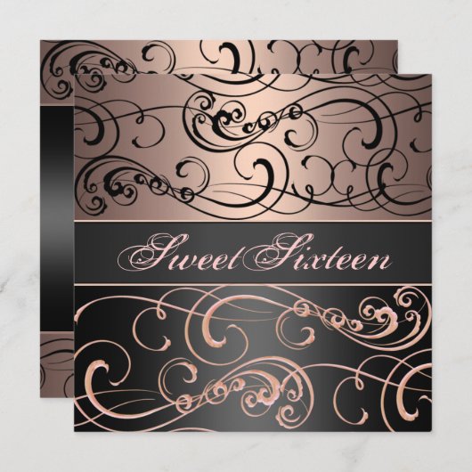 Sweet 16 Black/Peach Swirl Verjaardag Uitnodiging (Voorkant / Achterkant)