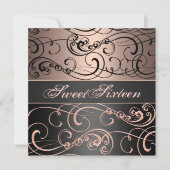 Sweet 16 Black/Peach Swirl Verjaardag Uitnodiging (Voorkant)