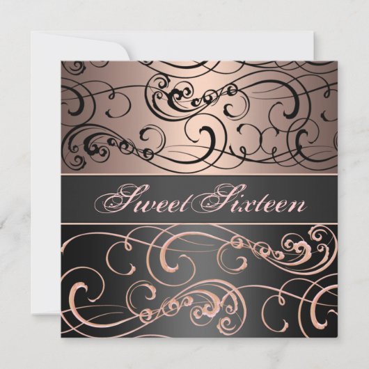 Sweet 16 Black/Peach Swirl Verjaardag Uitnodiging (Voorkant)