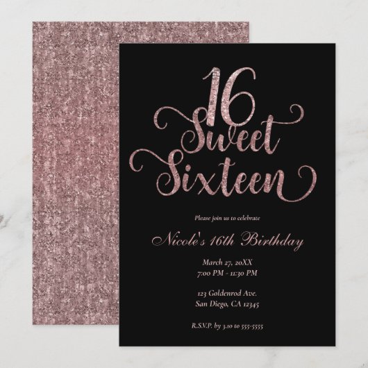 Sweet 16 Black & Pink Glitter Birthday Party Kaart (Voorkant / Achterkant)