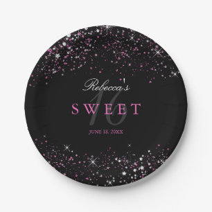 Sweet 16 Black Pink Glitter Glans Papier Borden Papieren Bordje