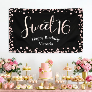 Sweet 16 Black Pink Rose Goud Welkom Verjaardag Spandoek