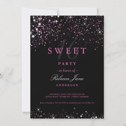 Sweet 16 Black Pink Sparkle Glitter Invitation Kaart (Voorkant)