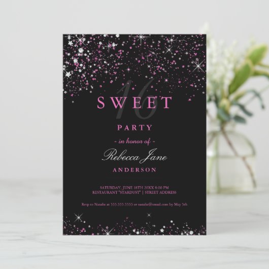 Sweet 16 Black Pink Sparkle Glitter Invitation Kaart (Staand voorkant)