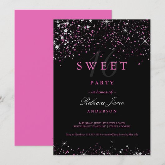 Sweet 16 Black Pink Sparkle Glitter Invitation Kaart (Voorkant / Achterkant)