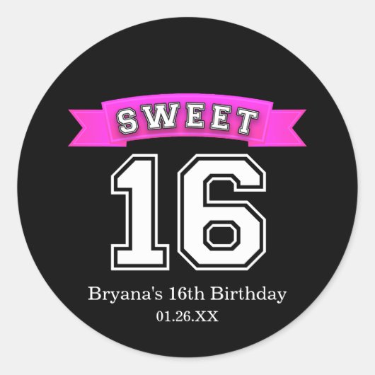 Sweet 16 Black & Pink Sports Birthday Party Ronde Sticker (Voorkant)