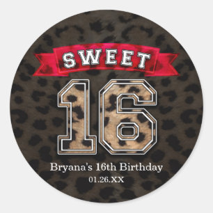Sweet 16 Black & Red Leopard Print Sports Party Ronde Sticker