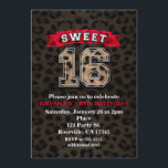 Sweet 16 Black & Red Sports Leopard Print Party Kaart<br><div class="desc">Sweet 16 zwarte en rode sportluipaard drukfeestjes. Overeenkomende objecten beschikbaar.</div>
