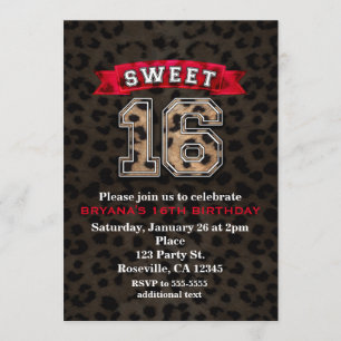 Sweet 16 Black & Red Sports Leopard Print Party Kaart