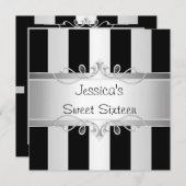 Sweet 16 Black & Silver Stripe Jewel Party Kaart (Voorkant / Achterkant)