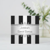 Sweet 16 Black & Silver Stripe Jewel Party Kaart (Staand voorkant)