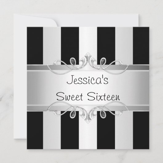 Sweet 16 Black & Silver Stripe Jewel Party Kaart (Voorkant)