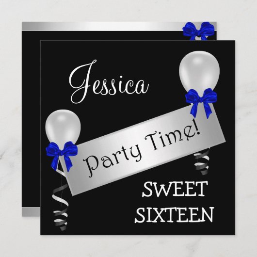 Sweet 16 Black White Silver Blue Bows-ballonnen Kaart (Voorkant / Achterkant)
