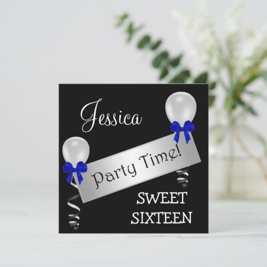 Sweet 16 Black White Silver Blue Bows-ballonnen Kaart (Staand voorkant)