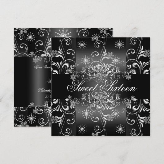Sweet 16 Black & White Snowflake Verjaardag Uitnod Kaart (Voorkant / Achterkant)