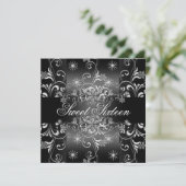 Sweet 16 Black & White Snowflake Verjaardag Uitnod Kaart (Staand voorkant)