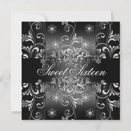 Sweet 16 Black & White Snowflake Verjaardag Uitnod Kaart (Voorkant)