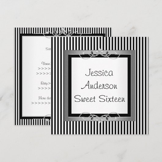 Sweet 16 Black & White Stripe Jewel Lijst Party Kaart (Voorkant / Achterkant)