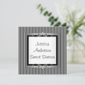 Sweet 16 Black & White Stripe Jewel Lijst Party Kaart (Staand voorkant)