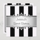 Sweet 16 Black & White Stripes Silver Jewel Party Kaart (Voorkant / Achterkant)