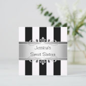 Sweet 16 Black & White Stripes Silver Jewel Party Kaart (Staand voorkant)