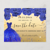 Sweet 16 blauw gouden jurk budget sparen de datum flyer (Voorkant)