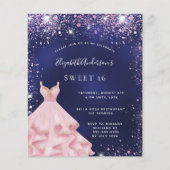 Sweet 16 blauw-roze jurk budgetuitnodiging flyer (Voorkant)