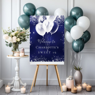 Sweet 16 blauw witte ballonnen welkom poster