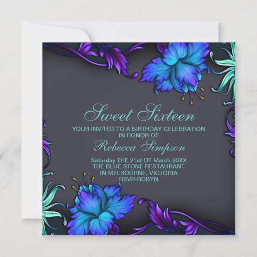 Sweet 16 Blauwe Bloem Burst Ontwerp Verjaardag Uit Kaart (Achterkant)