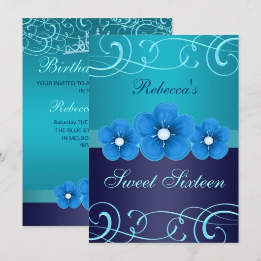 Sweet 16 Blauwe Bloem & Tiara Verjaardag Uitnodige Kaart (Voorkant / Achterkant)