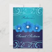 Sweet 16 Blauwe Bloem & Tiara Verjaardag Uitnodige Kaart (Voorkant)
