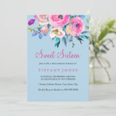Sweet 16 Blauwe en Roze Florale Waterverf Uitnodig Kaart (Staand voorkant)