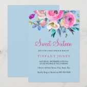Sweet 16 Blauwe en Roze Florale Waterverf Uitnodig Kaart (Voorkant / Achterkant)
