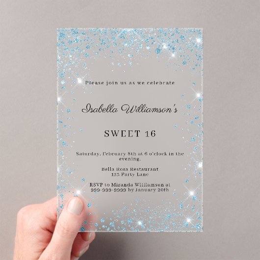 Sweet 16 blauwe glitters winter feest bevroren acryl uitnodigingen (Insitu (Draagbaar))