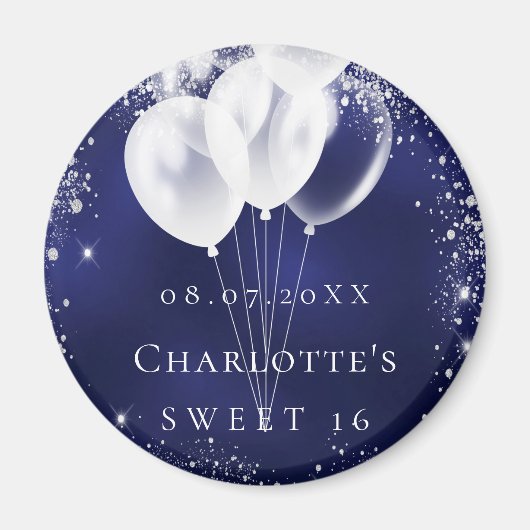 Sweet 16 blauwe zilverballonnen met uitzondering v magneet (Voorkant)