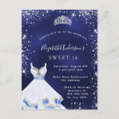 Sweet 16 blauwe zilverglitter jurk tiara glamoureu uitnodiging briefkaart (Voorkant)