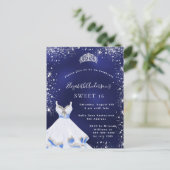 Sweet 16 blauwe zilverglitter jurk tiara glamoureu uitnodiging briefkaart (Staand voorkant)