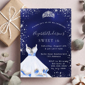 Sweet 16 blauwe zilverglitter jurk tiara glamoureu uitnodiging briefkaart