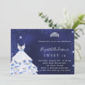 Sweet 16 blauwe zilverglitter jurk tiara kaart (Staand voorkant)