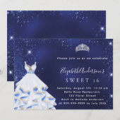 Sweet 16 blauwe zilverglitter jurk tiara kaart (Voorkant / Achterkant)