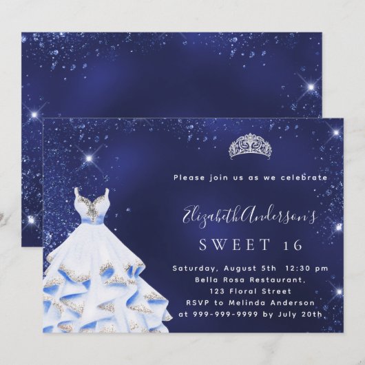 Sweet 16 blauwe zilverglitter jurk tiara kaart (Voorkant / Achterkant)