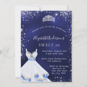Sweet 16 blauwe zilverglitter jurk tiara luxe kaart (Voorkant)
