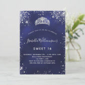 Sweet 16 blauwe zilverglitter sparkles tiara crown kaart (Staand voorkant)