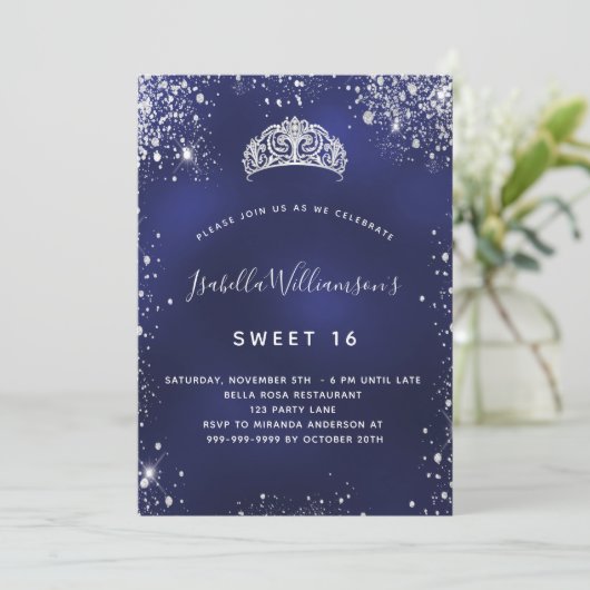 Sweet 16 blauwe zilverglitter sparkles tiara crown kaart (Staand voorkant)