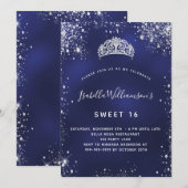 Sweet 16 blauwe zilverglitter sparkles tiara crown kaart (Voorkant / Achterkant)