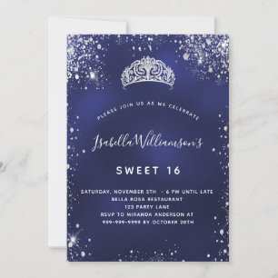 Sweet 16 blauwe zilverglitter sparkles tiara crown kaart
