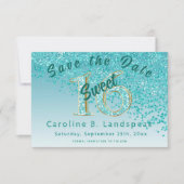 Sweet 16 Blauwgroen Blauw Glitter, Chic Glitter Nu Save The Date (Voorkant)